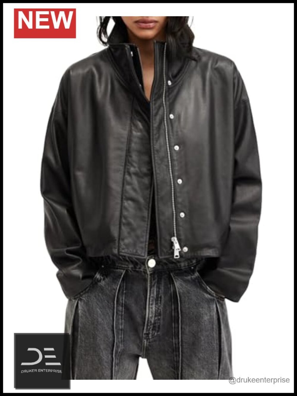 Genuine Leather Moto Aviator Jacket Relaxed Fit Funnel Neck